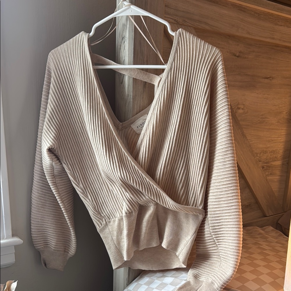 Tan V-Neck Sweater with Ribbed Texture